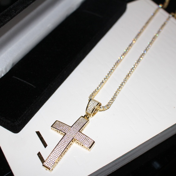 3MM TENNIS CHAIN ICED OUT w/ Cross Pendant